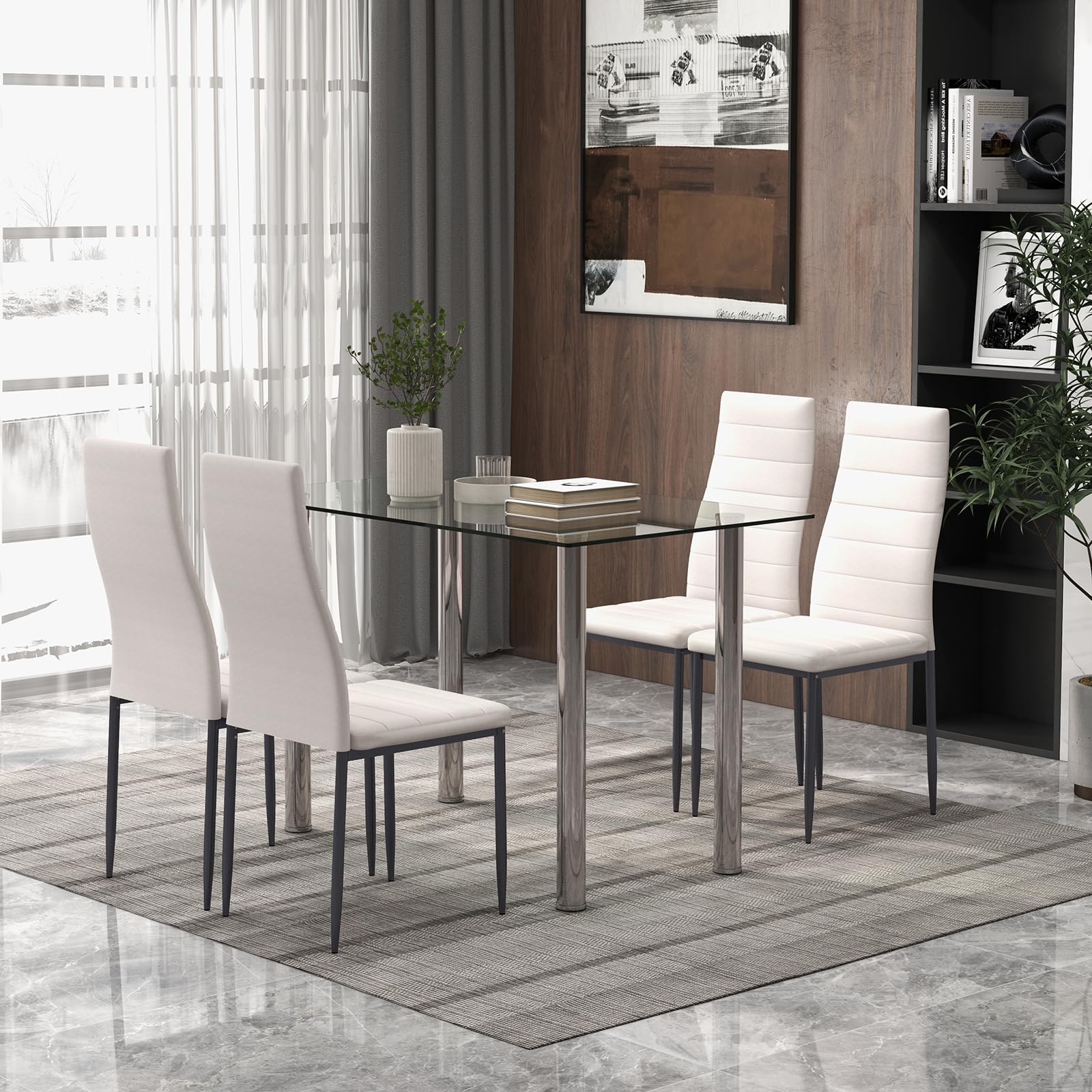 Tangkula 5 PCS Dining Table Set Modern Tempered Glass Top